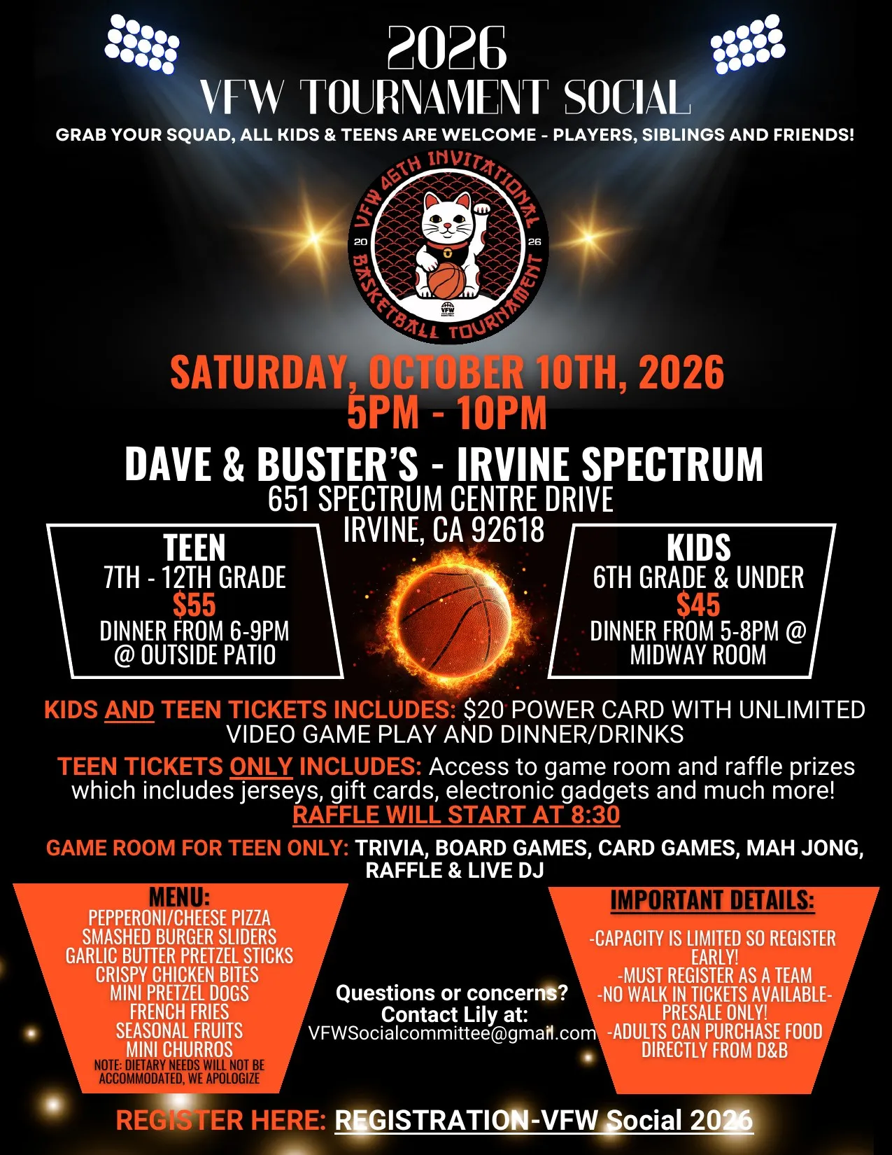 2026 VFW Tournament Social flyer — Saturday, October 10, 5–10 PM at Dave & Buster's Irvine Spectrum. Teens $55, kids $45, register by September 30.